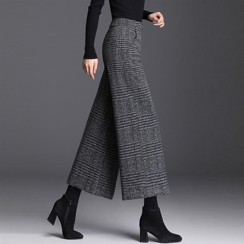 加厚羊毛呢复古格子阔腿裤直筒女裤子2025冬季新款宽松休闲九分裤