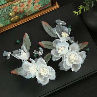 汉服头饰女款 烫花侧边仙气淡蓝色缠花绢花古风国风发饰品 头花新款