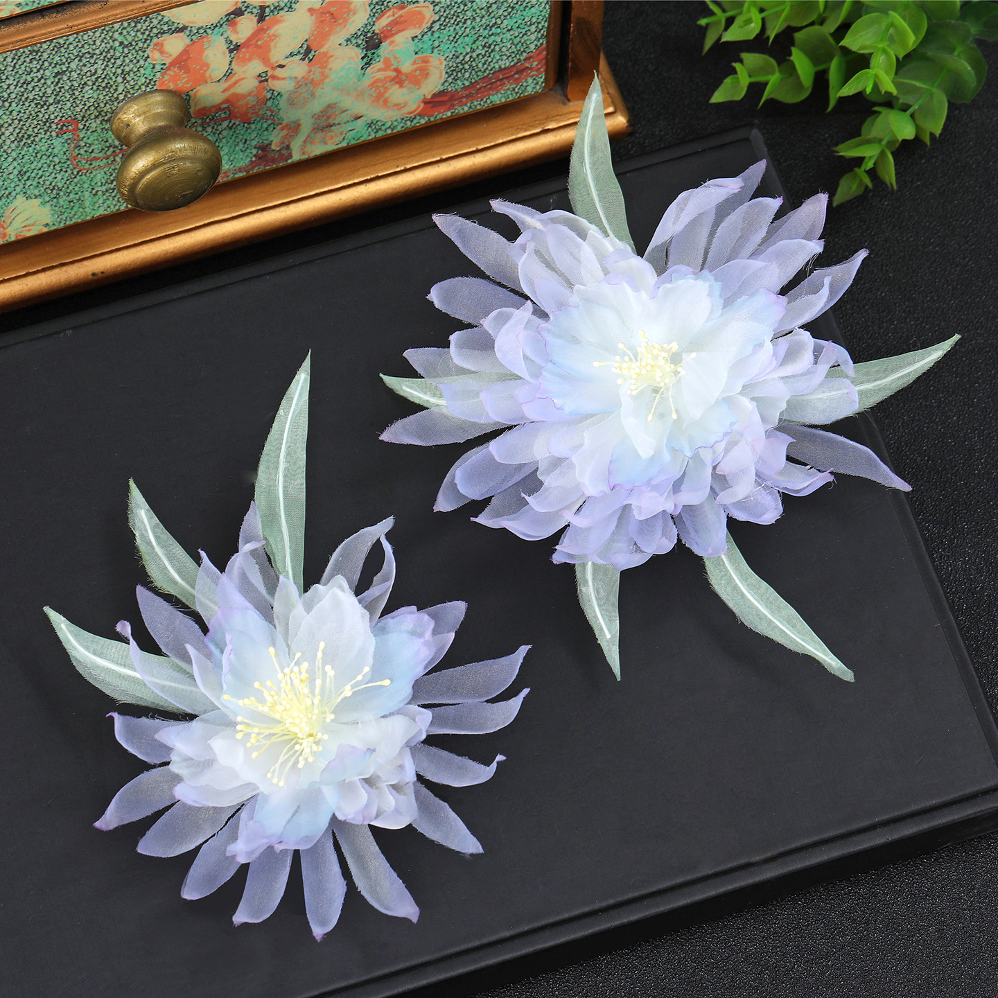 古风紫色昙花发饰仙气烫花发夹汉服配饰簪花国风旗袍唐风手工头花