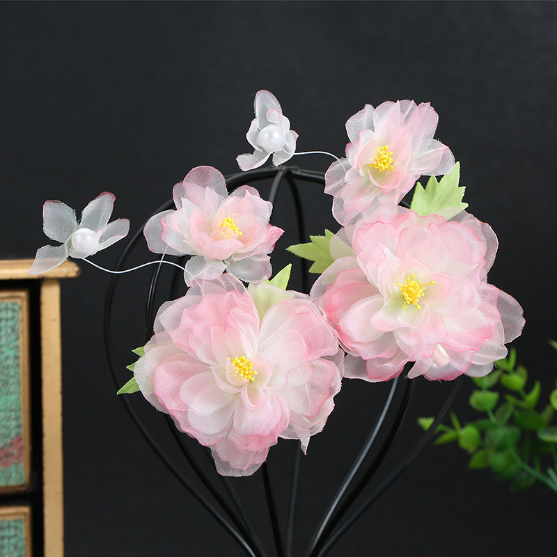 古风粉色花朵头饰女春夏森系仙美古风汉服盘发簪花发饰古典舞配饰