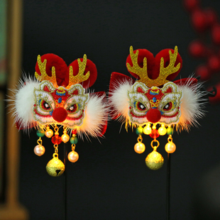 中国风头饰儿童汉服发夹女童醒狮过年毛球流苏小宝宝发光古风发饰