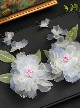 新款原创设计古风手工制作蓝色纱花发夹古装仙气发型配饰汉服头饰