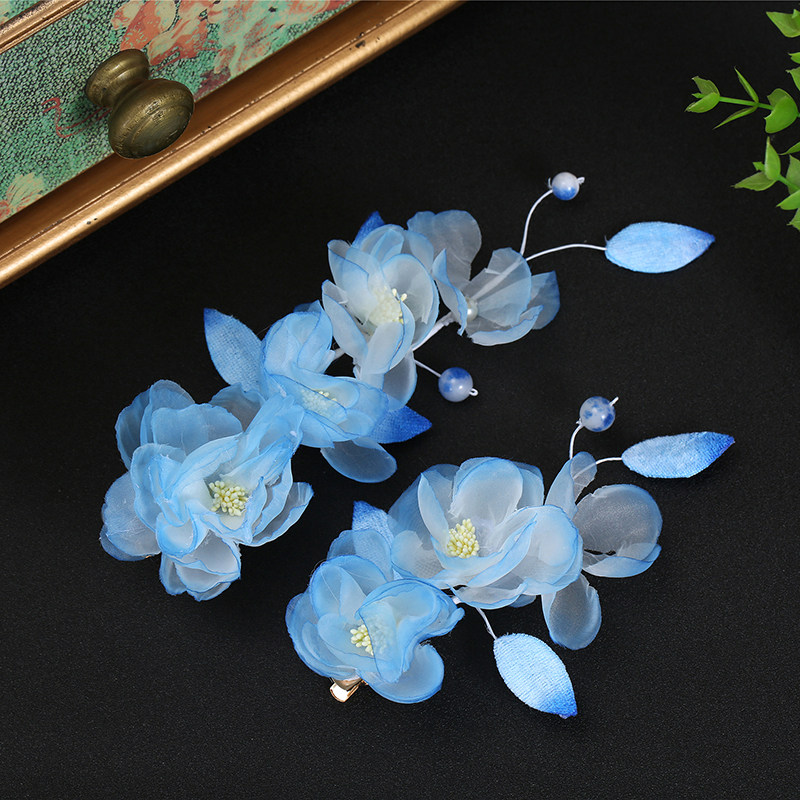 2025年新款古风绢花欧根纱发饰原创手工烫花渐变蓝边夹汉服头饰