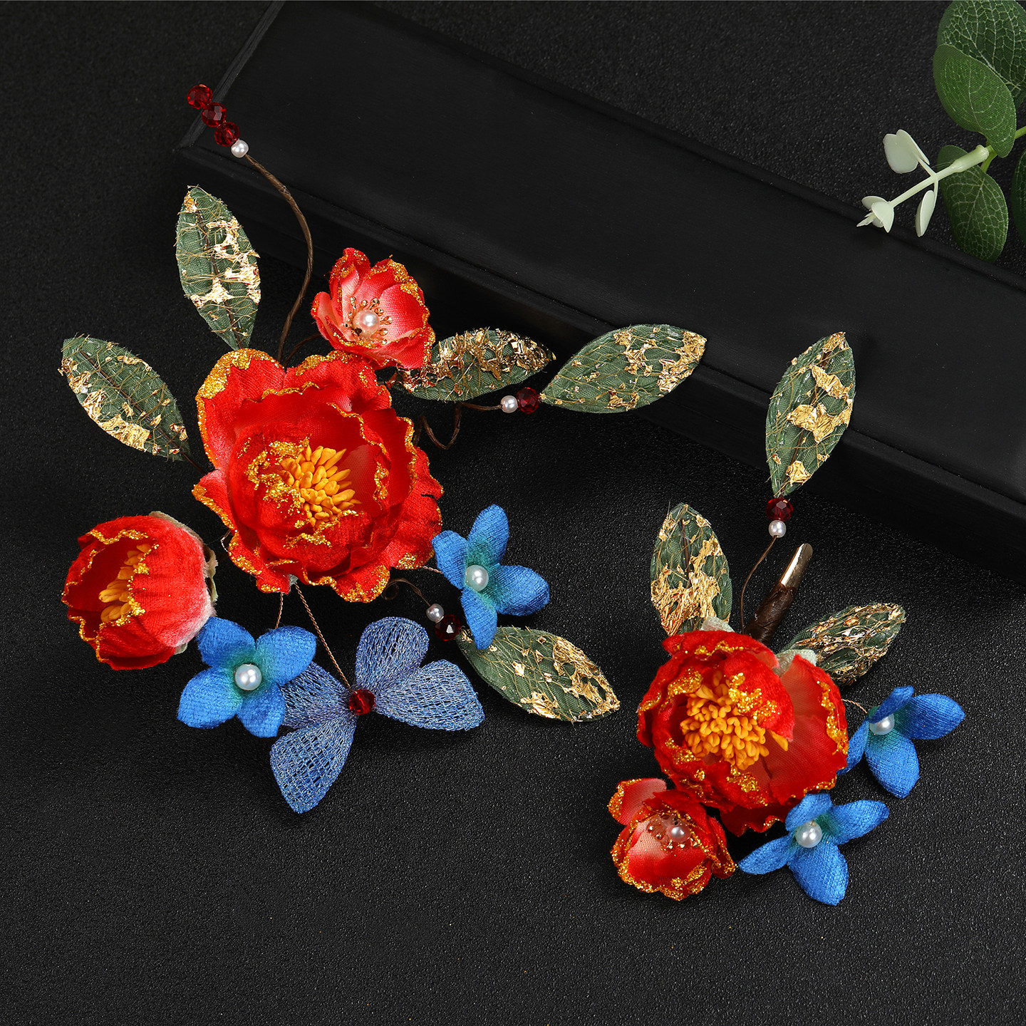 古风牡丹花渐变红蓝绒布仿绒花发夹汉服发饰新中式国风花卉头饰品