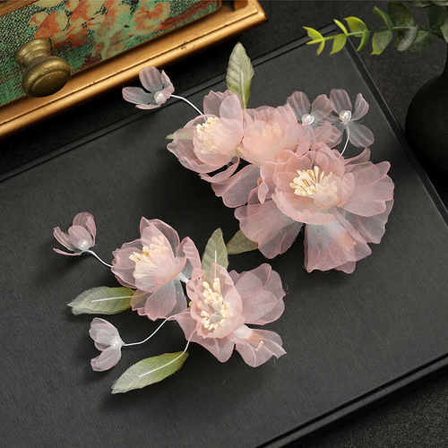 古代古风粉色软簪绢花侧边仙气