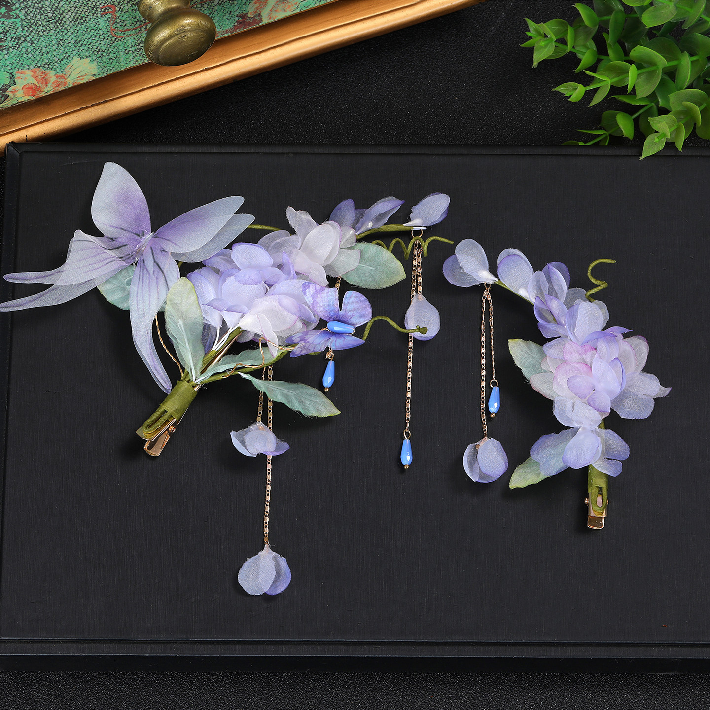 【紫藤幽梦】紫色烫花绢花宋代古装发饰汉服侧边十二花神紫藤花