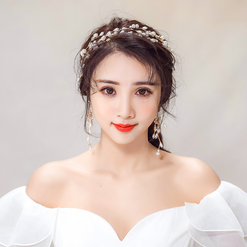 新娘头饰超仙珍珠发带耳环套装2018新款韩式婚纱礼服头饰结婚首饰