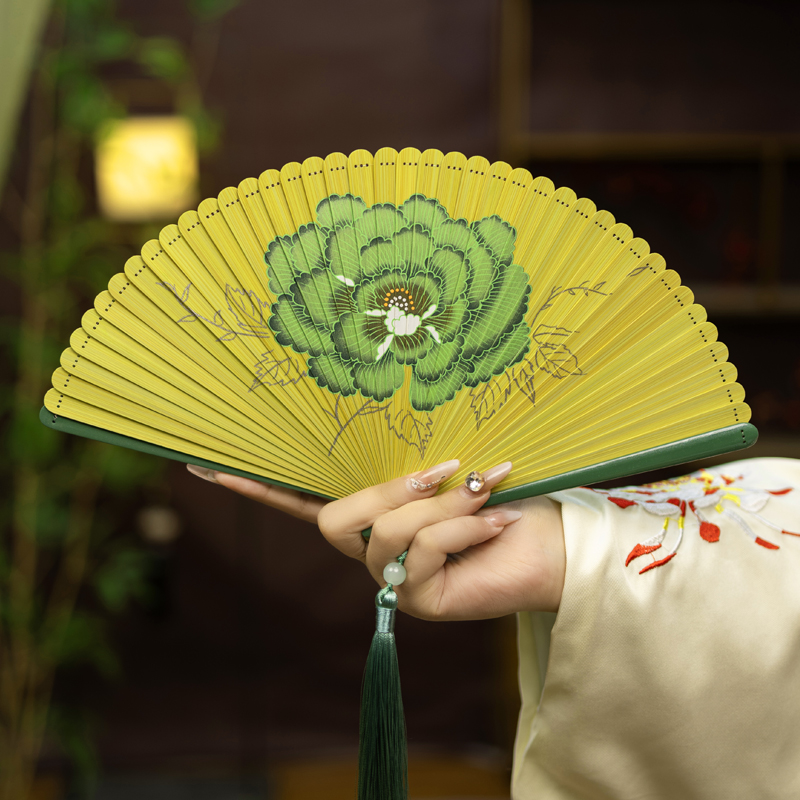 丝艺堂喷绘牡丹全竹扇子中式折扇