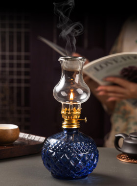 环保玻璃灯长明灯复古装饰灯老式油灯熏香灯木块香薰灯家用可调节
