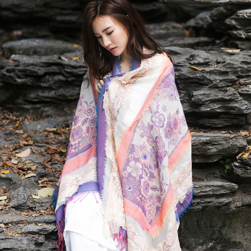 尼泊尔水煮羊毛蕾丝拼接围巾清新民族风多层拼色刺绣披肩
