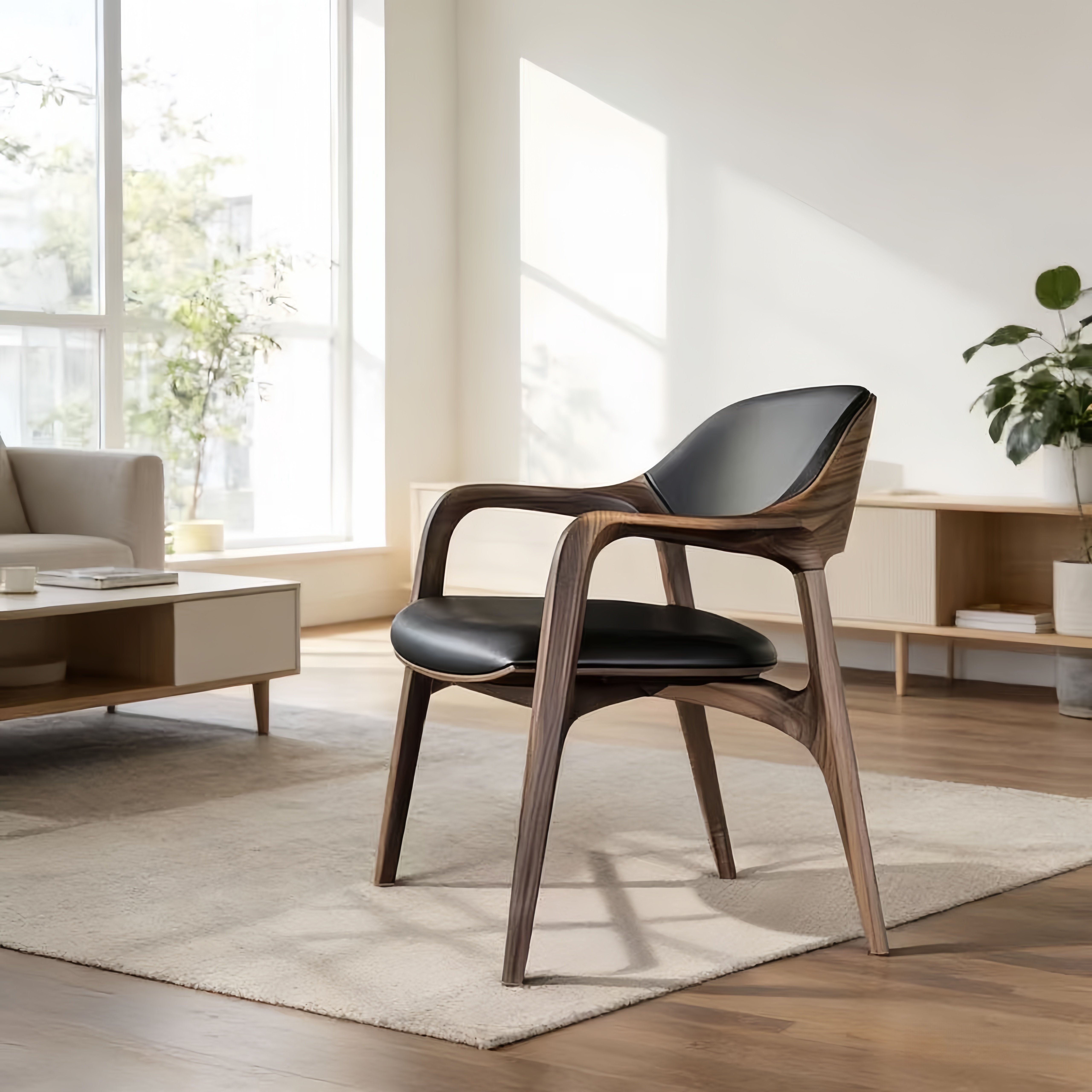 北美黑胡桃木椅子真皮实木餐椅2025新款阳台休闲椅卧室懒人椅子