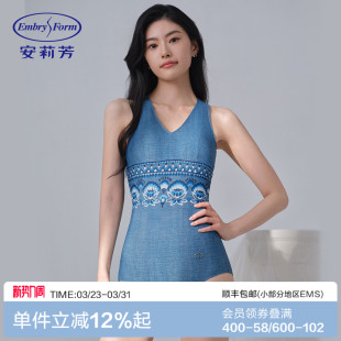 ES00266 v领印花三角连体泳衣女士牛仔风游泳装 安莉芳专柜新品 无袖