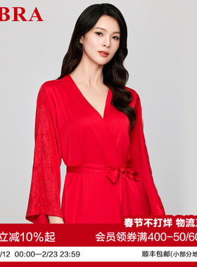 安莉芳旗下E-BRA本命年红色缎面花边装饰晨袍睡袍女家居服KL00159