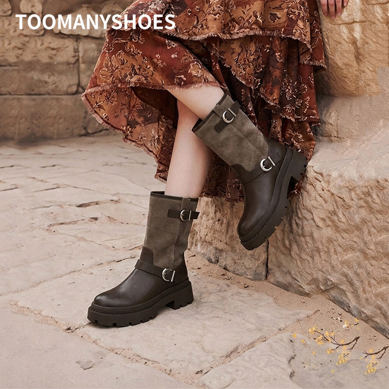 明星同款Toomanyshoes棕色靴子秋新款第二乐章厚底短靴中筒骑士靴