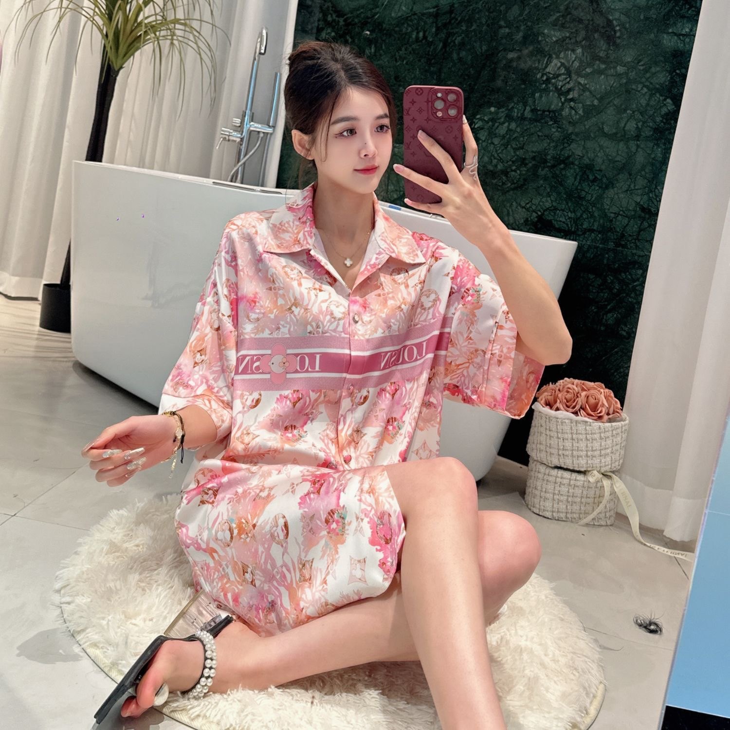 女人故事 粉色花卉 睡衣女丝绸新中式盘扣春夏四季长袖家居服套装