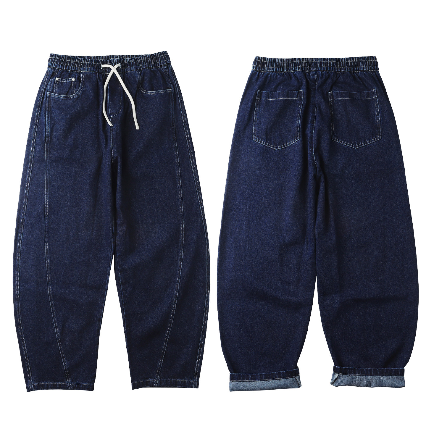 秋季黑色牛仔裤男款弯刀宽松显瘦松紧腰抽绳立体剪裁拼接阔腿裤