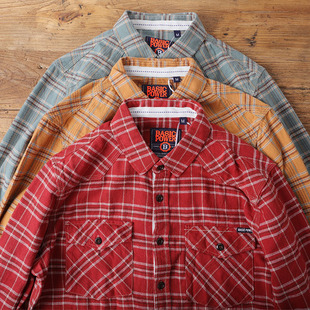 秋季美式复古红色格子衬衫男纯棉磨毛多口袋工装格子衬衣打底衫潮