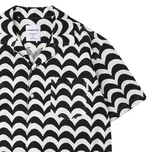 夏季薄款速干抗皱免烫古巴领衬衫度假波浪纹黑白条纹印花短袖衬衣