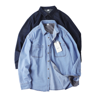长袖 男撞色内里明线双口袋工装 衬衣 水洗做旧浅蓝色牛仔衬衫 秋季
