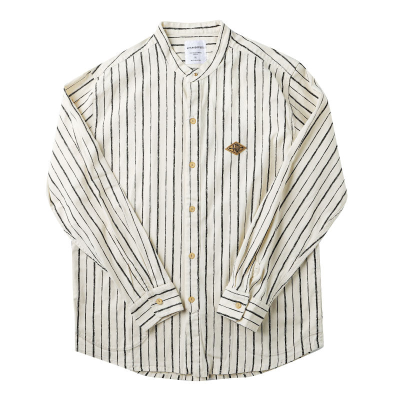 秋季纯棉水洗做旧立领衬衫男宽松双口袋日系复古条纹长袖衬衣弹力