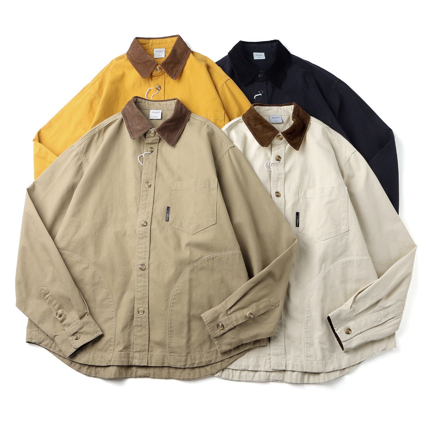 秋季纯棉复古巴恩风灯芯绒领撞色工装衬衫夹克宽松落肩休闲外套潮