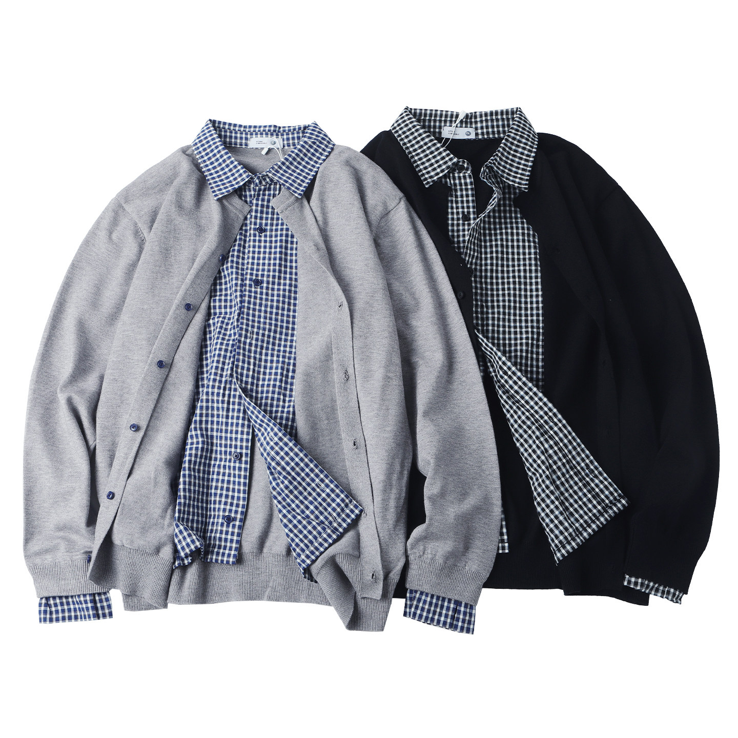 秋季新款格子衬衫假两件毛衣开衫男叠穿百搭柔软透气针织衫学院风