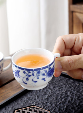 青花瓷带耳防烫手柄功夫茶杯8只