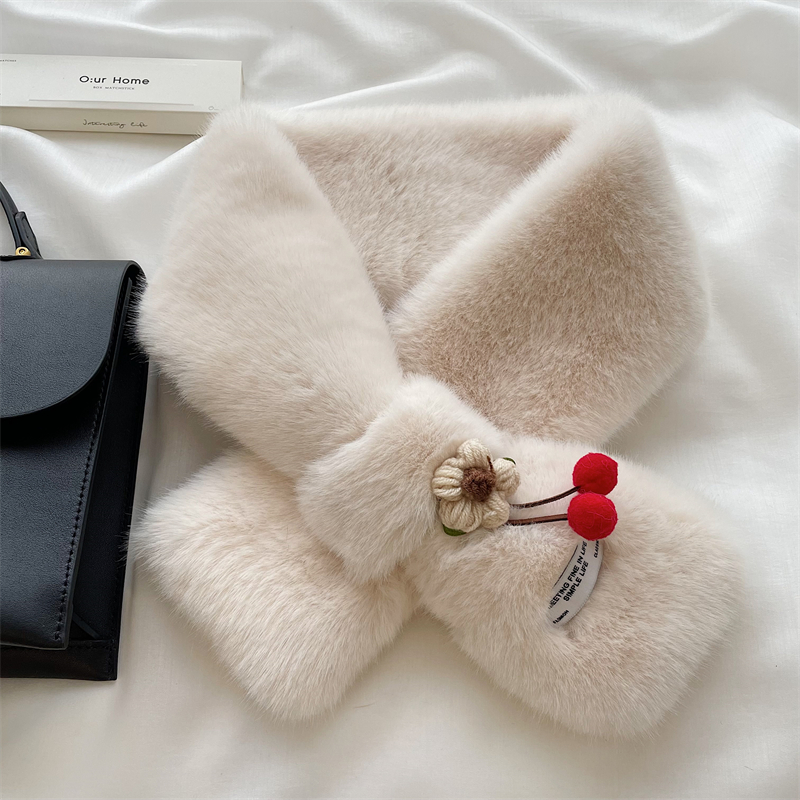 映意绣女生冬季小花獭兔毛围巾