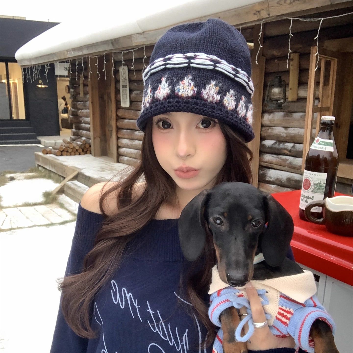 小众墨调普鲁士蓝几何提花自然卷边毛线帽凹造型针织帽女出片神器