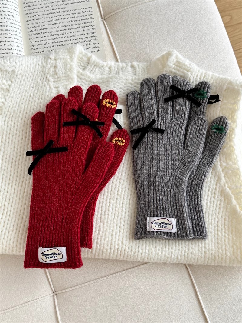 高级感～韩国秋冬百搭少女蝴蝶结针织手套可露指保暖毛线手套