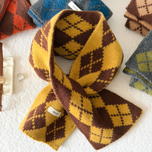 时尚潮流纯羊毛菱形格复古拼色穿插围脖礼物情侣男女冬季保暖围巾