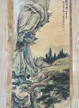 仿古玩收藏古董国画名家字画中堂画横幅四条屏客厅装饰画听泉图案