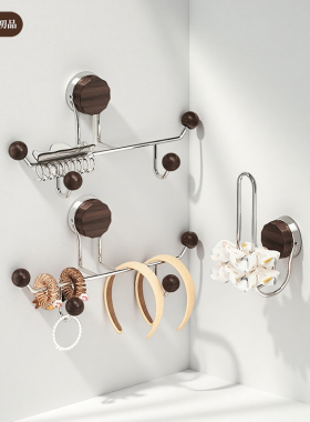 中古风木纹挂钩免打孔卫生间浴室发箍发圈收纳架壁挂式项链挂架