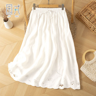 国戎苎麻半身裙女2026夏装 中长裙子 勾花镂空a字裙显瘦宽松薄款