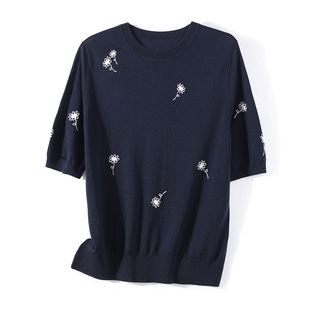 国戎精纺短袖羊毛针织衫女2024春夏圆领100纯羊毛打底衫刺绣上衣