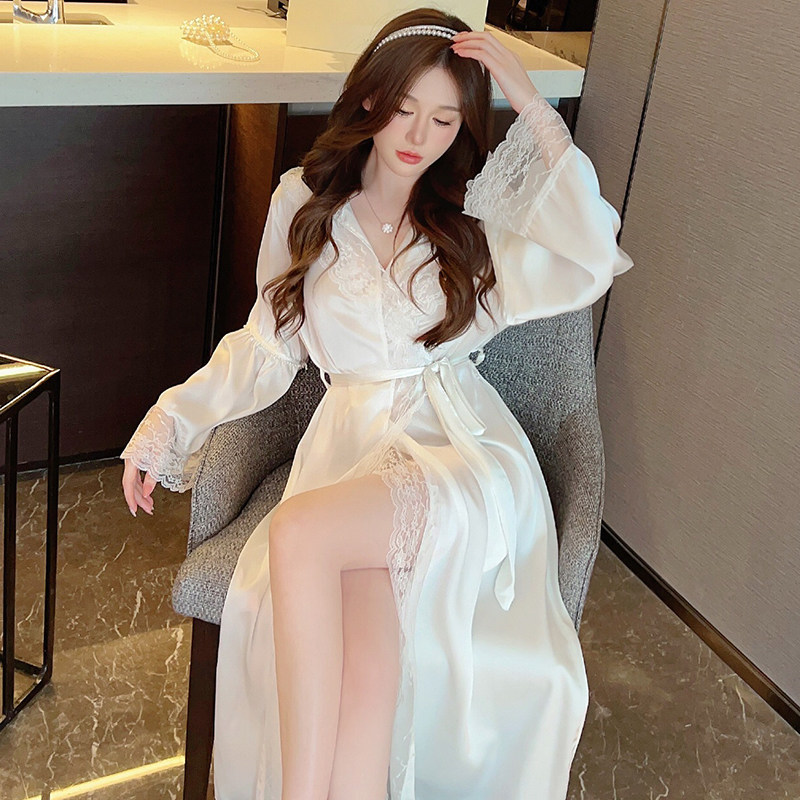 长版睡袍女春秋夏款浴袍长袖白色蕾丝花边夏天冰丝睡衣女士家居服