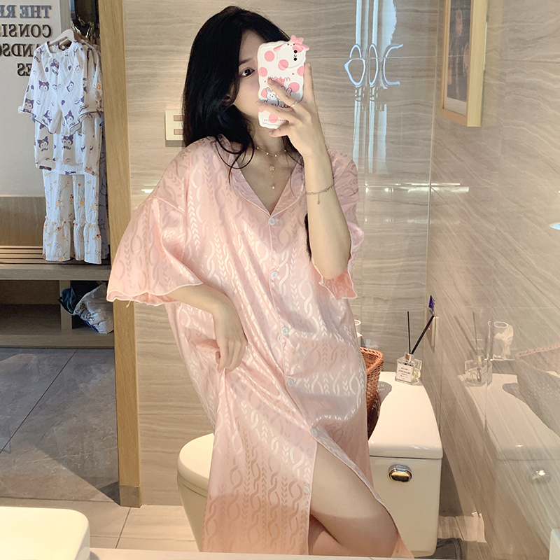 睡衣女夏季天短袖凉感冰丝绸甜美薄款宽松网红风睡裙中长款家居服