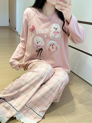 Бархатная пижама, демисезонный мультяшный топ с чашечками, кружевной лонгслив, штаны, женский стиль