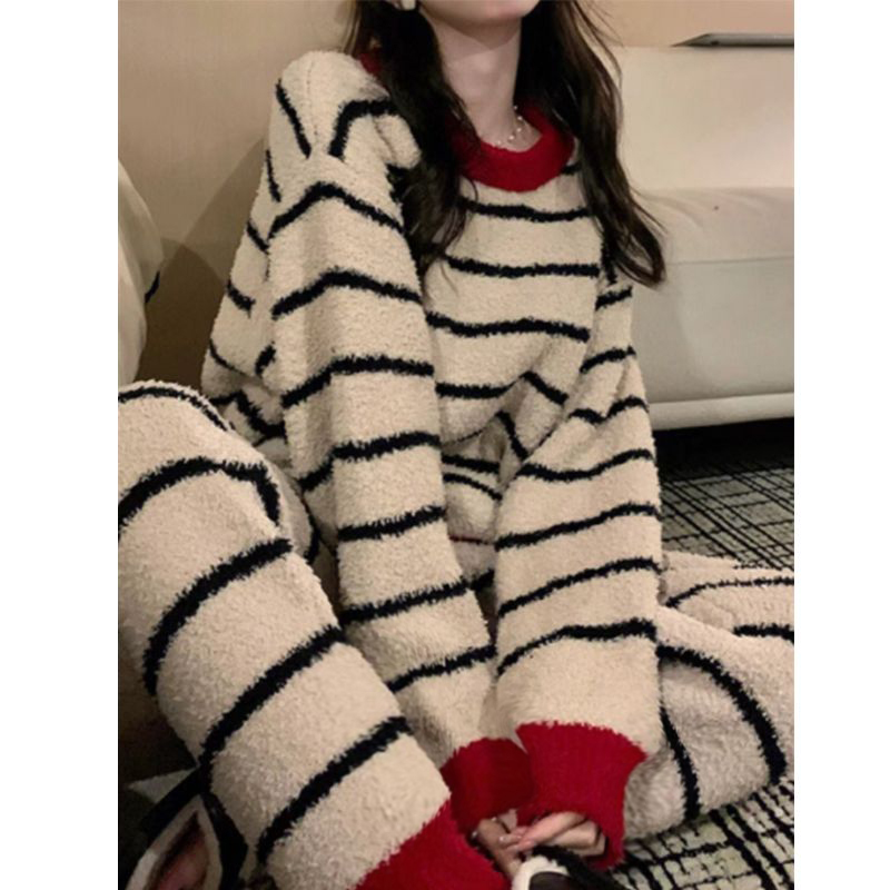 半边绒睡衣女秋冬季2024新款