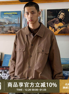 UrbanStandard日系复古抽绳衬衫男春季宽松多口袋百搭纯色衬衣