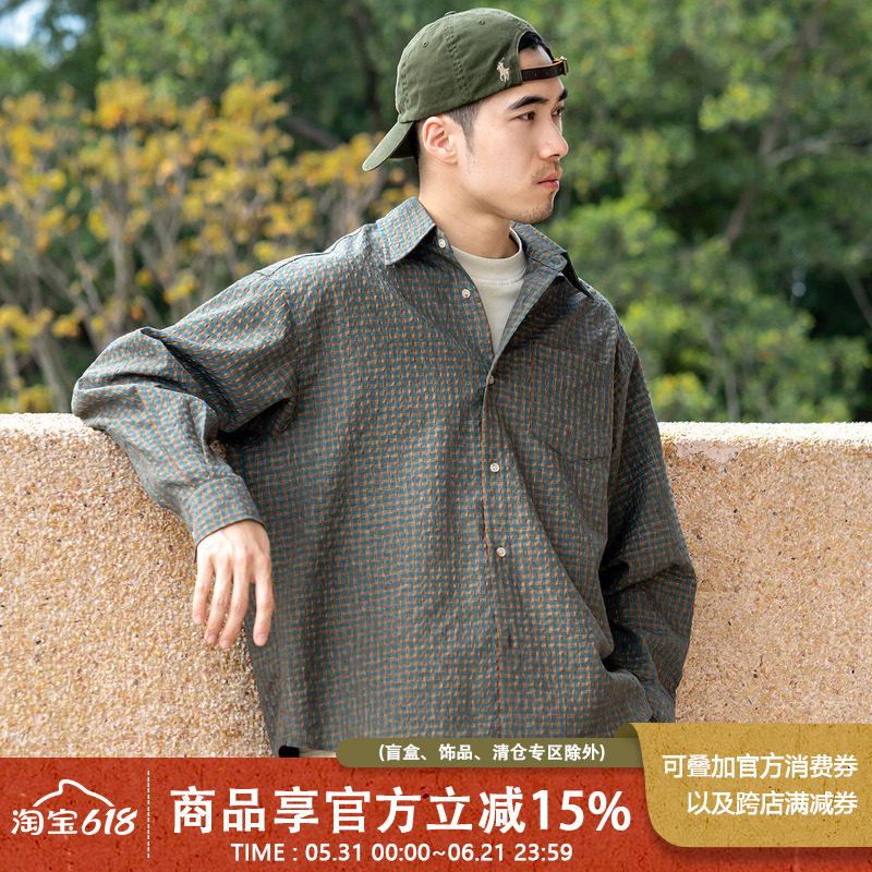 UrbanStandard日系复古泡泡纱格纹衬衫男长袖春季宽松休闲衬衣