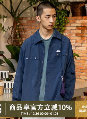 UrbanStandard日系复古印花衬衫男秋季户外宽松防撕裂格纹外套