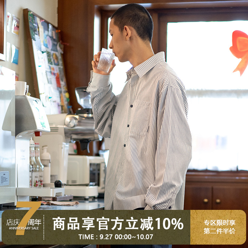 UrbanStandard日系复古色织条纹衬衫男秋季新款宽松长袖休闲衬衣