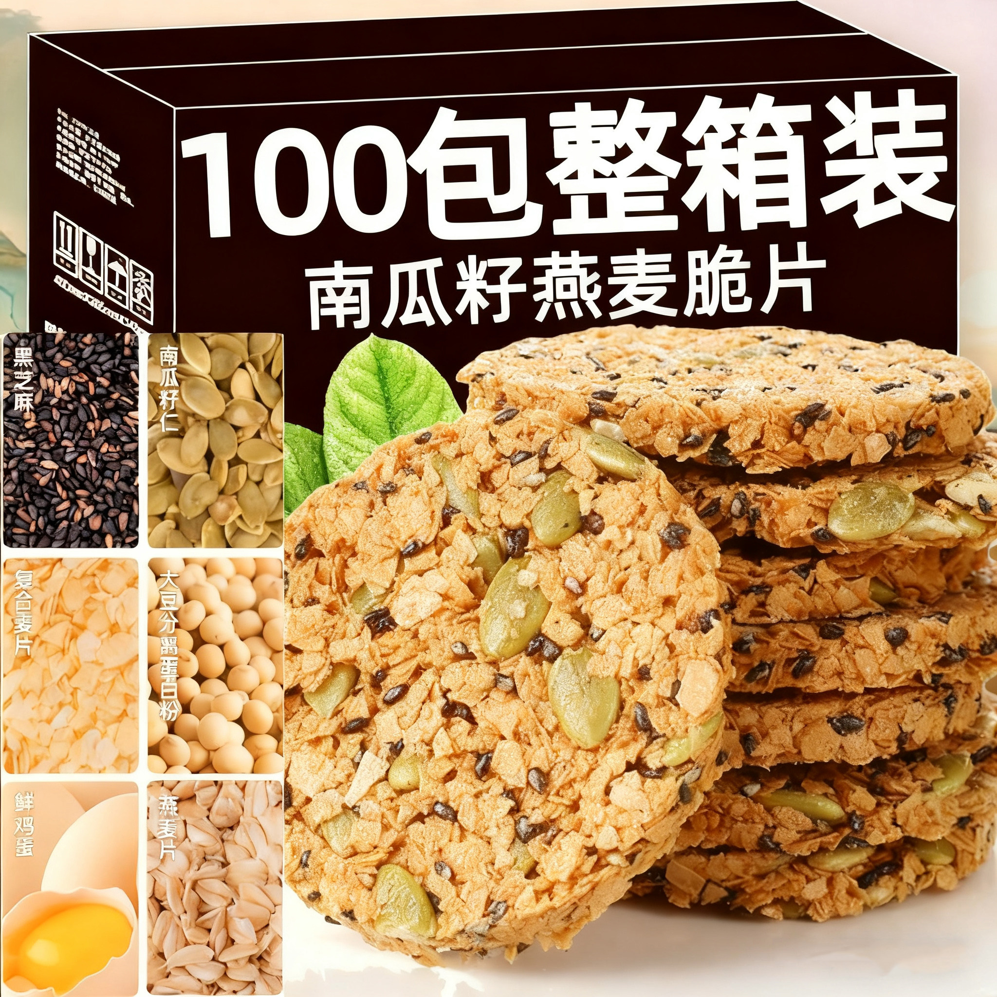 南瓜籽坚果燕麦脆芝麻片全麦谷物饼干无加蔗糖高蛋白燕麦棒零食品