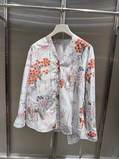 现货25江南同款秋新百搭休闲女宽松长袖V领印花中式盘/扣长袖衬衫