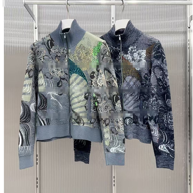 现货江南2025秋冬新款植物花卉立领亮片刺绣花针织开衫5P8311050