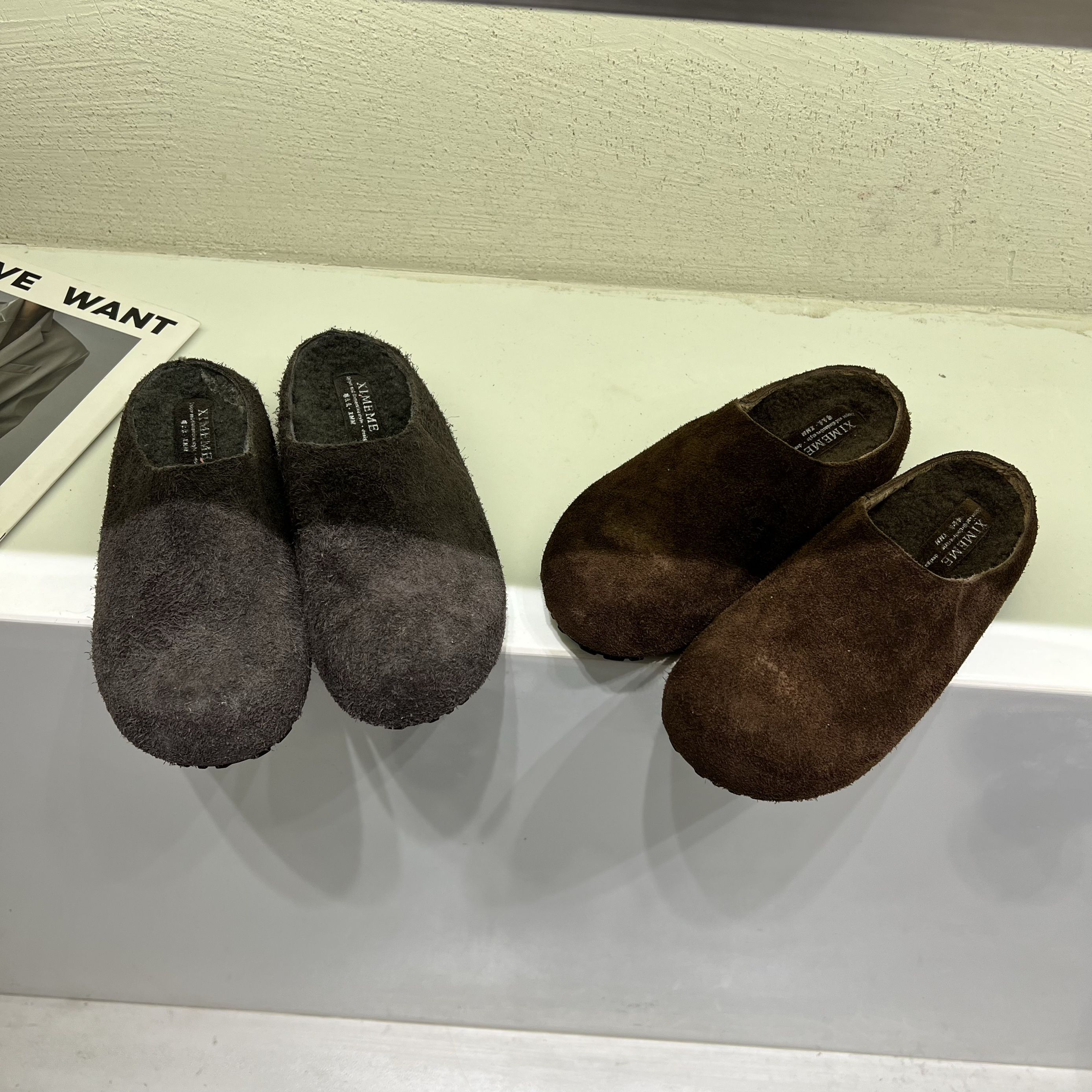 磨砂牛皮厚底加绒勃肯拖鞋女25冬季一脚蹬包头半拖简约舒适毛毛鞋