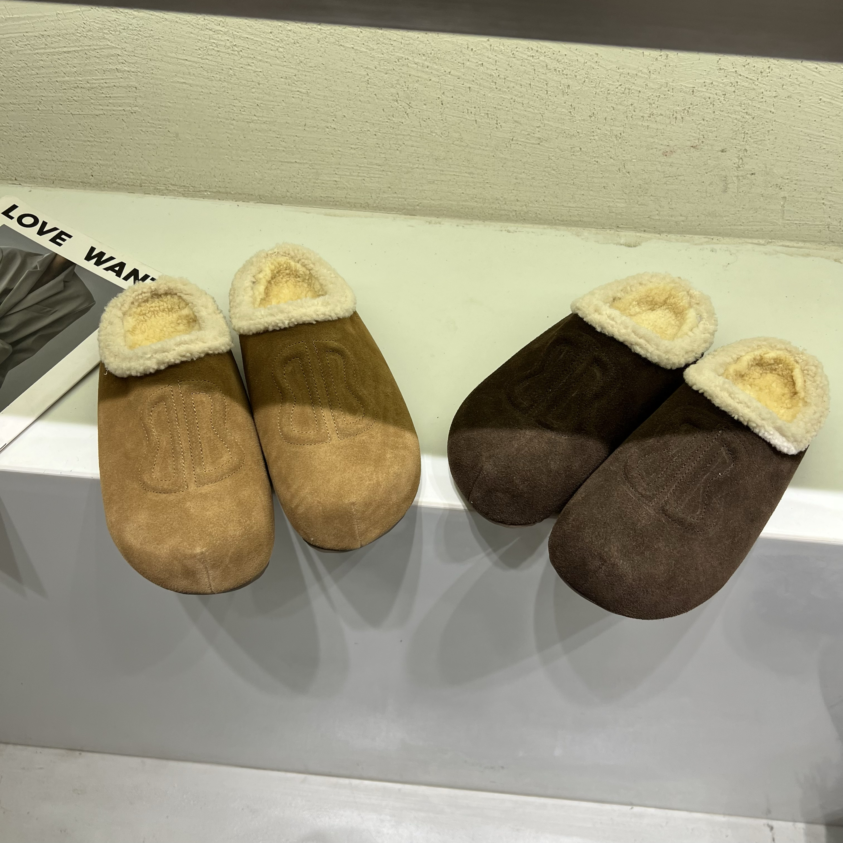 磨砂皮厚底包头毛毛拖鞋女25冬季加绒保暖棉鞋韩版百搭懒人勃肯鞋