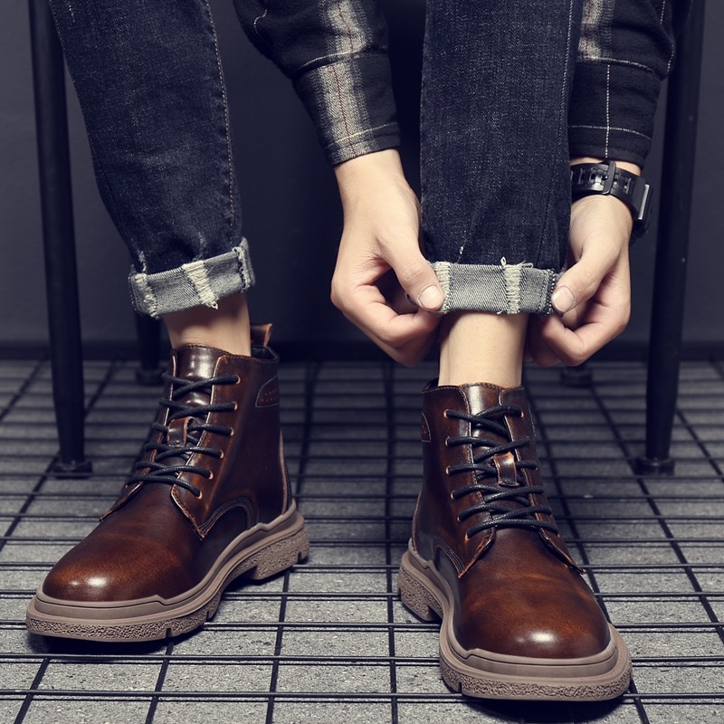 冬季马丁靴男真皮英伦风中帮皮靴新款加绒马丁靴韩版复古靴子男潮,流行男鞋,马丁靴,淘宝优惠券,粉丝福利购,淘宝优惠卷