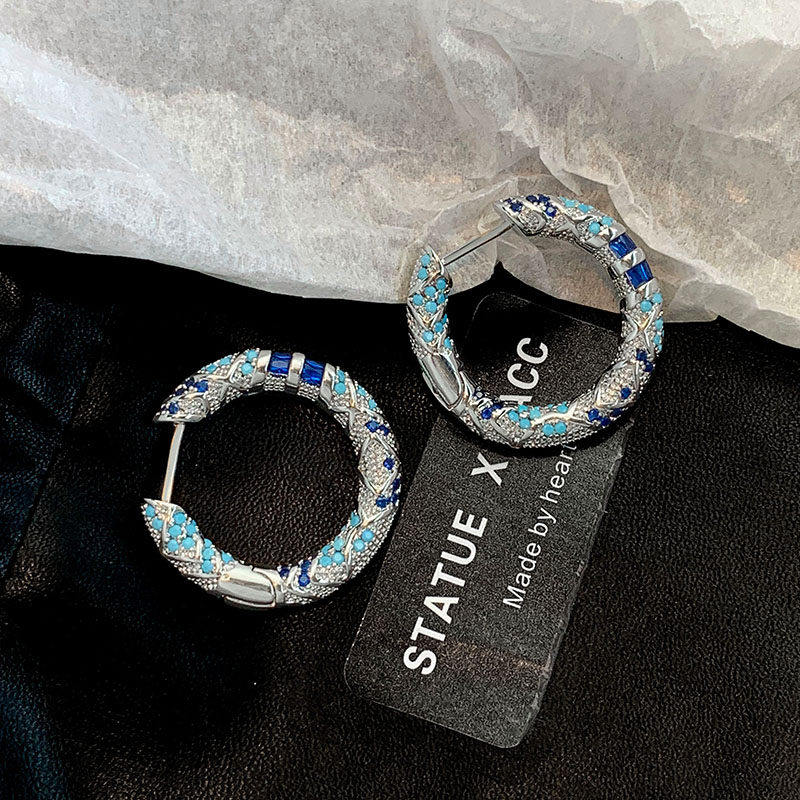 青花瓷蓝锆石耳圈女欧美高级感小众轻奢耳饰个性时髦圈圈耳环耳扣